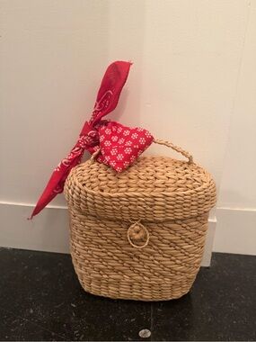 Woven Straw Mini Bag with Red Bandana Accent